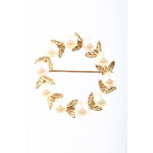 Designer Womens 14k Yellow Gold Vintage Round Pearl Leaf Pin Brooch